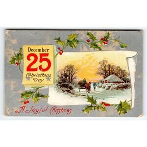 A Joyful Christmas Postcard Snow Covered Home Horse Buggy December 25 Antique